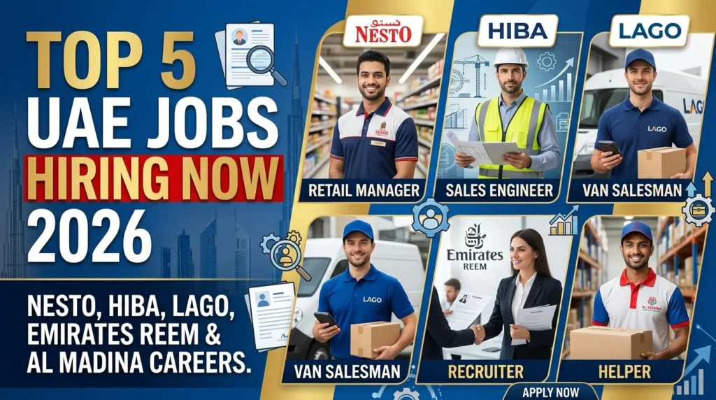 Top 5 Company Job Openings in UAE 2026: HIBA Electro Mechanical, NESTO , LAGO Water , Emirates Reem , AL MADINA Hypermarket