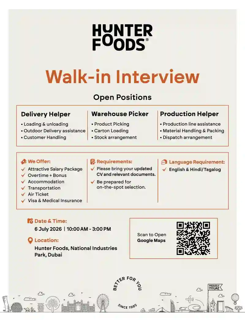Hunter Foods Walk-in Interview Dubai 2026 – Delivery Helper, Warehouse Picker & Production Helper Jobs