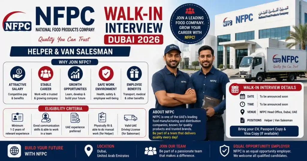 NFPC walk-in interview Dubai 2026 for Helper and Van Salesman vacancies