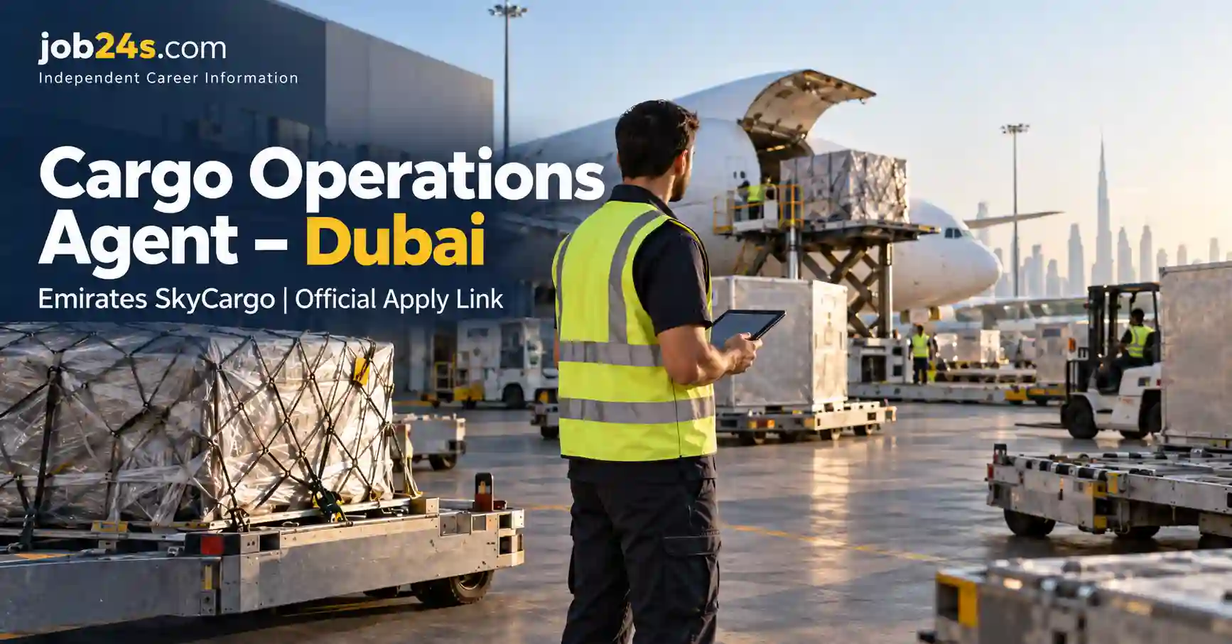 Air cargo operations worker handling freight and ULD equipment at a modern Dubai airport cargo facility